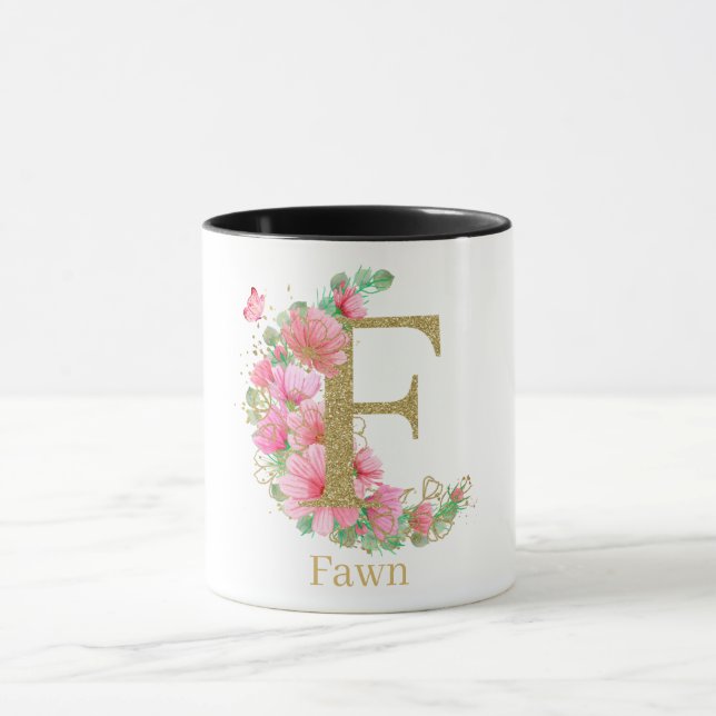 Caneca Letra F Monograma Floral e Dourada com Aquarela (Centro)