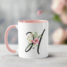 Caneca Letra Feminina em Preto com Script " H" Flores Ros