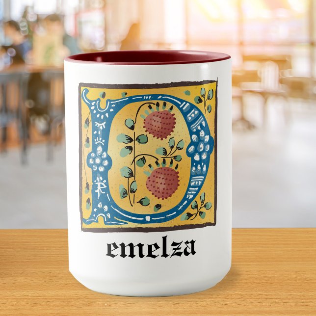 Caneca Letra Floral Iluminada Medieval D Monograma (Criador carregado)