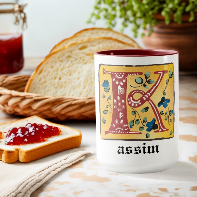 Caneca Letra Floral Iluminada Medieval K Monograma Mug (Criador carregado)