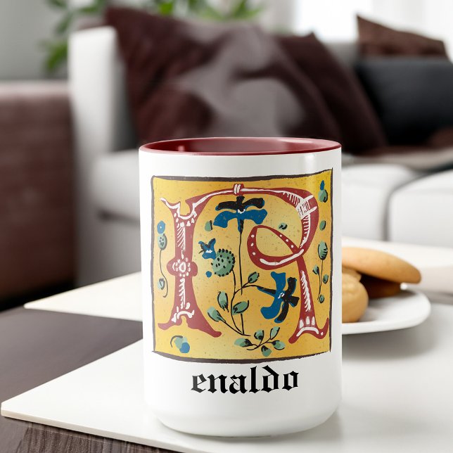 Caneca Letra Floral Iluminada Medieval R Monograma Mug (Criador carregado)