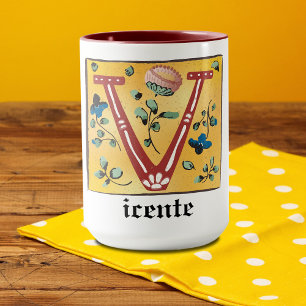Caneca Letra Floral Iluminada Medieval V Monograma Mug