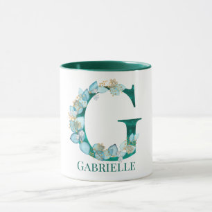 Caneca Letra G Monograma em Aquarela Azul Turquesa e Dour
