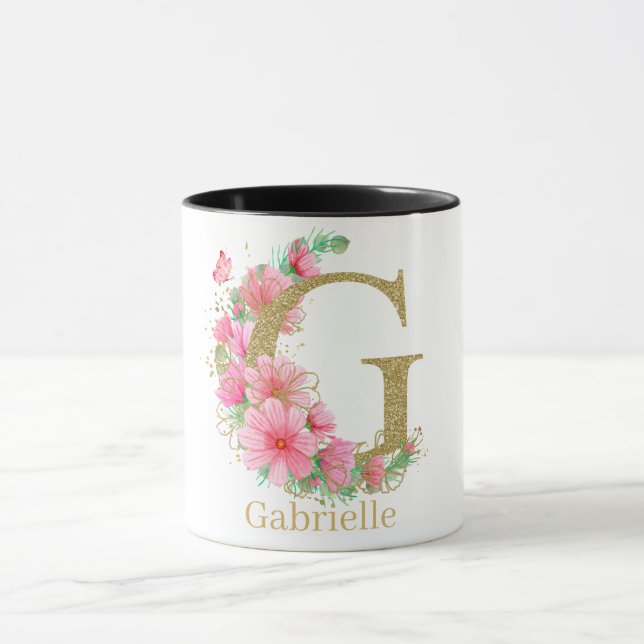 Caneca Letra G Monograma Floral e Dourada de Aquarela (Centro)