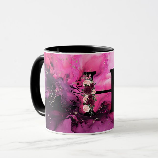 Caneca Letra H Monograma de Mármore Rosa e Roxo (Frente Esquerda)