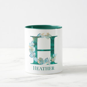 Caneca Letra H Monograma em Aquarela Azul Turquesa e Dour