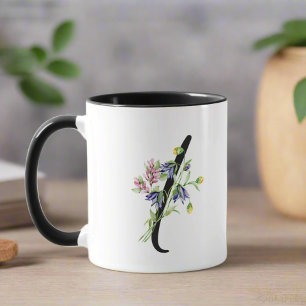Caneca Letra " I " Escrita Preta Monograma Floral