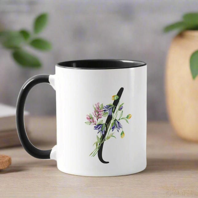 Caneca Letra " I " Escrita Preta Monograma Floral (Criador carregado)