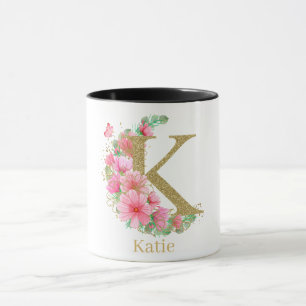 Caneca Letra K Monograma Dourada e Floral
