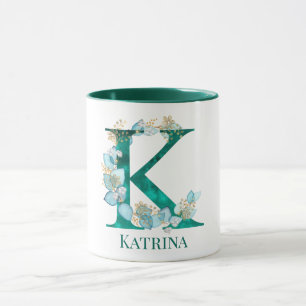 Caneca Letra K Monograma em Aquarela Azul Turquesa e Dour
