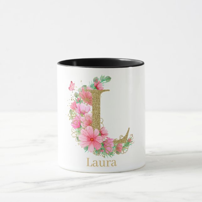 Caneca Letra L Monograma Floral e Dourada com Aquarela (Centro)