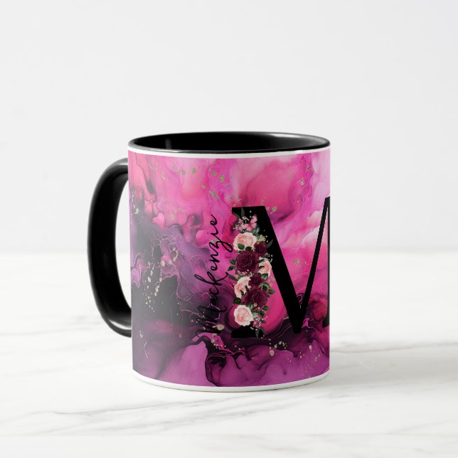 Caneca Letra M Monograma de Mármore Rosa e Roxo (Frente Esquerda)