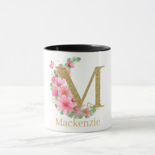 Caneca Letra M Monograma Floral e Dourada com Aquarela
