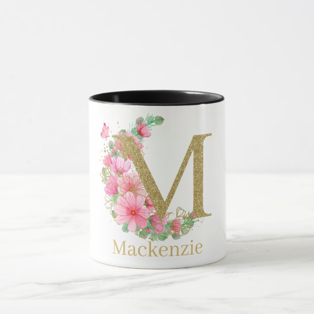 Caneca Letra M Monograma Floral e Dourada com Aquarela (Centro)