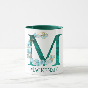 Caneca Letra Monograma em Aquarela Azul Turquesa e Dourad