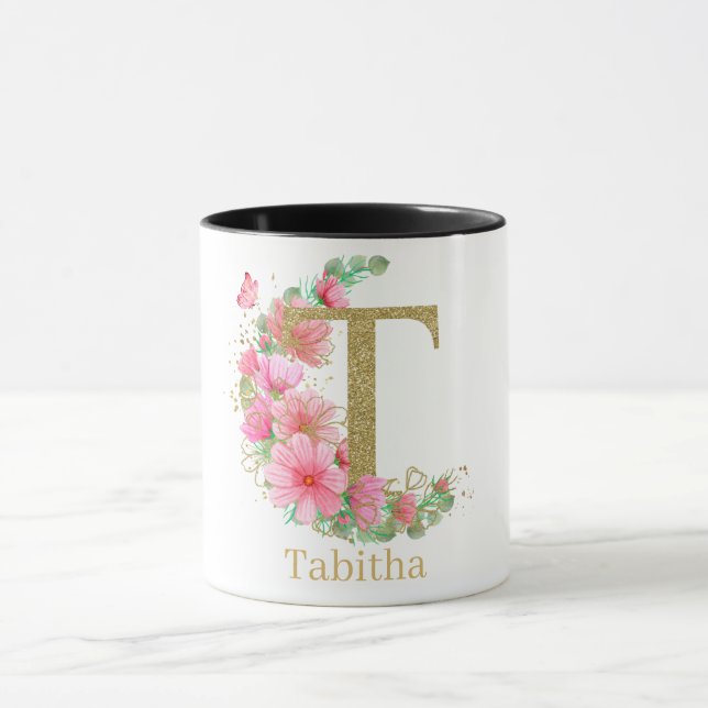 Caneca Letra Monograma Floral e Dourada com Aquarela T (Centro)