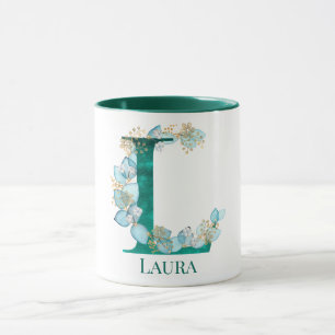 Caneca Letra Monograma L em Aquarela Azul-Verde e Dourado