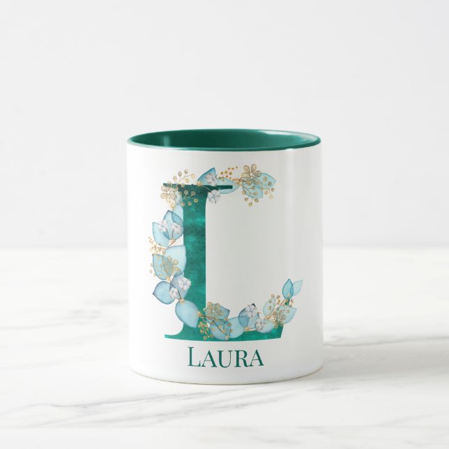 Caneca Letra Monograma L em Aquarela Azul-Verde e Dourado (Centro)