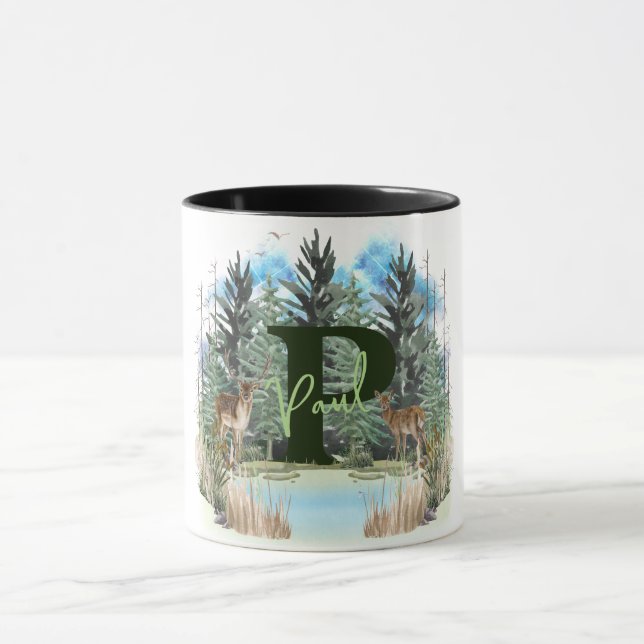 Caneca Letra monograma personalizada de veado de aquarela (Centro)
