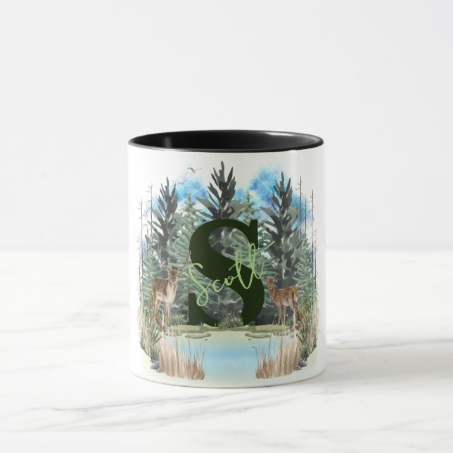 Caneca Letra monograma personalizada do veado de aquarela (Centro)