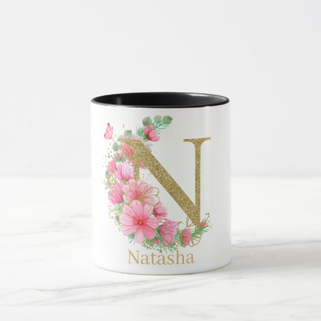 Caneca Letra N Monograma Floral e Dourada com Aquarela (Centro)