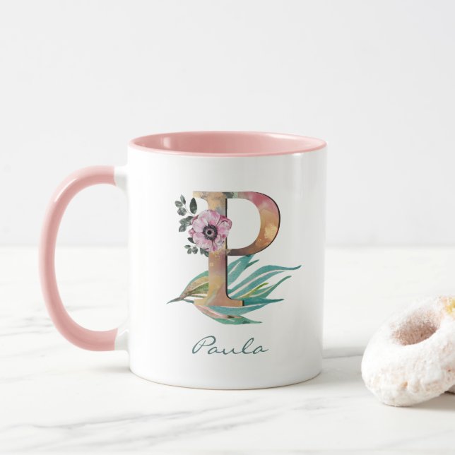 Caneca Letra P Floral Personalizada Monograma de Folhagem (Com Donut)