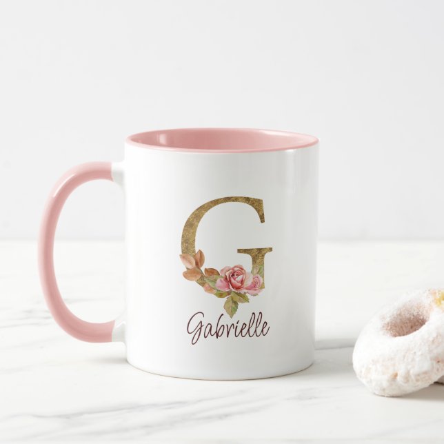 Caneca Letra Personalizada G Dourado Folha Rosa Bege Rosa (Com Donut)