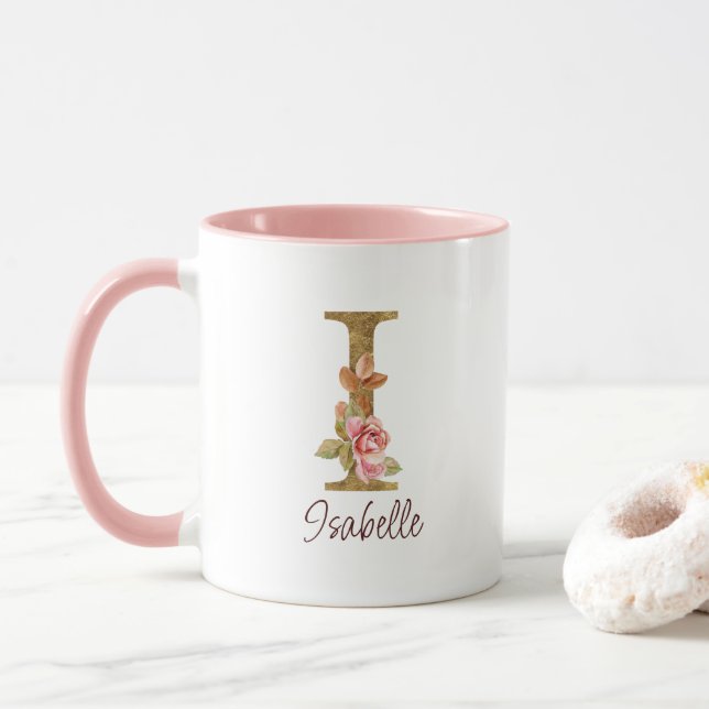 Caneca Letra Personalizada I Dourado Folheado Rosas Rosa  (Com Donut)