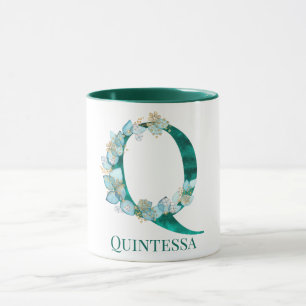 Caneca Letra Q Monograma em Aquarela Azul Turquesa e Dour