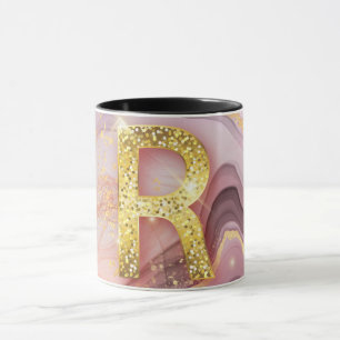 Caneca Letra R Girly Bonito RoseGold Glitter Marble Rosa