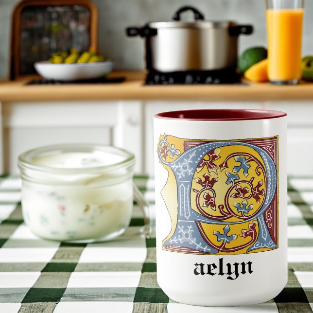 Caneca Letra R Iluminada Azul Medieval e Vermelha Ivy (Criador carregado)