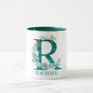 Caneca Letra R Monograma em Aquarela Azul Turquesa e Dour