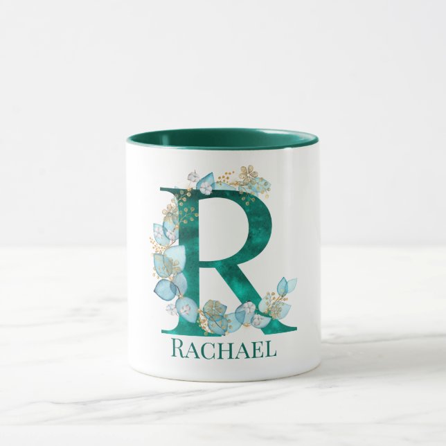 Caneca Letra R Monograma em Aquarela Azul Turquesa e Dour (Centro)