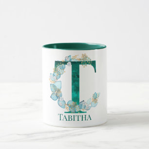 Caneca Letra T Monograma em Aquarela Azul Turquesa e Dour