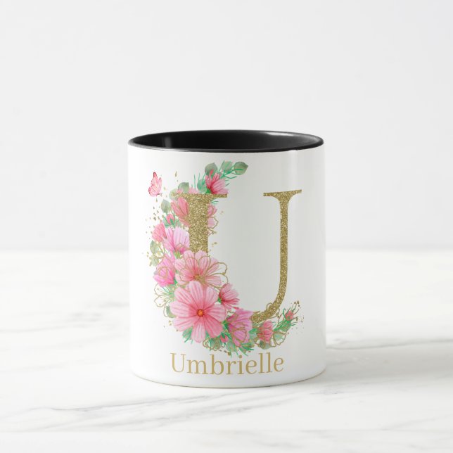 Caneca Letra U Monograma Floral e Dourada com Aquarela (Centro)