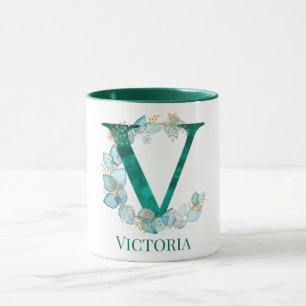 Caneca Letra V Monograma em Aquarela Azul Turquesa e Dour