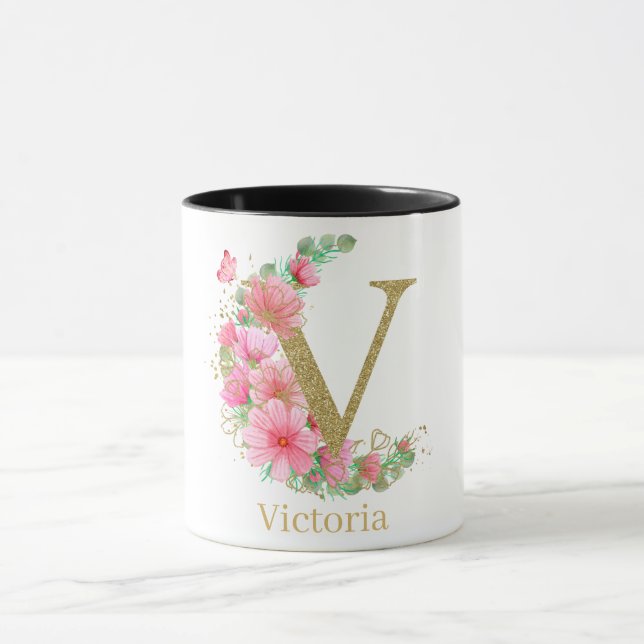 Caneca Letra V Monograma Floral e Dourada com Aquarela (Centro)
