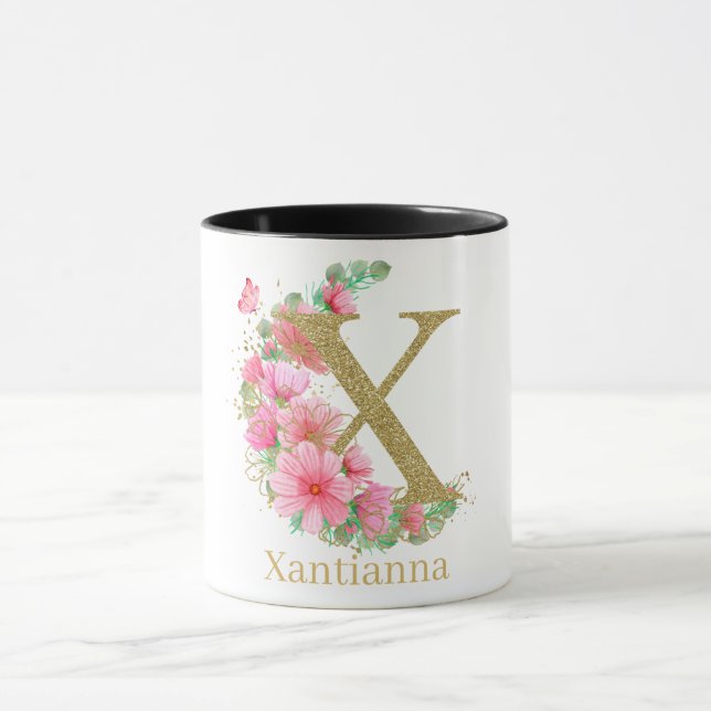 Caneca Letra X Monograma Floral e Dourada com Aquarela (Centro)