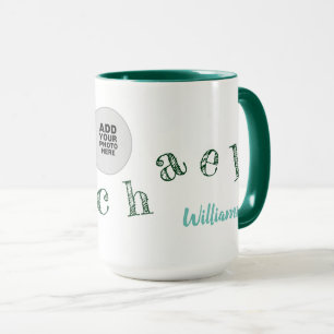 Caneca letras escritas à mão de seu nome + foto no verd