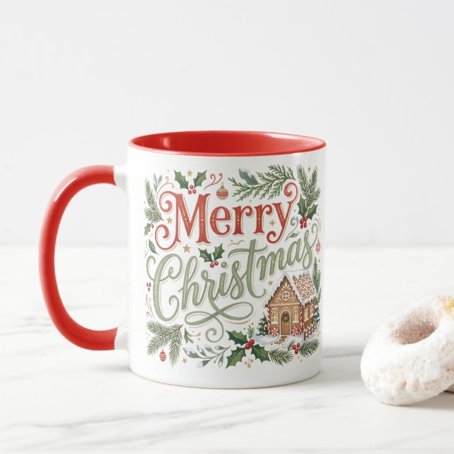 Caneca Letras Tradicionais à Mão Natal Biscoito de Gengib (Com Donut)