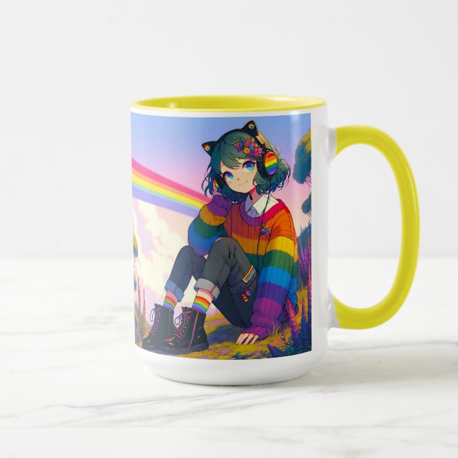 Caneca LGBTQIA+ Orgulho Lésbico de Menina de Anime Person (Direita)