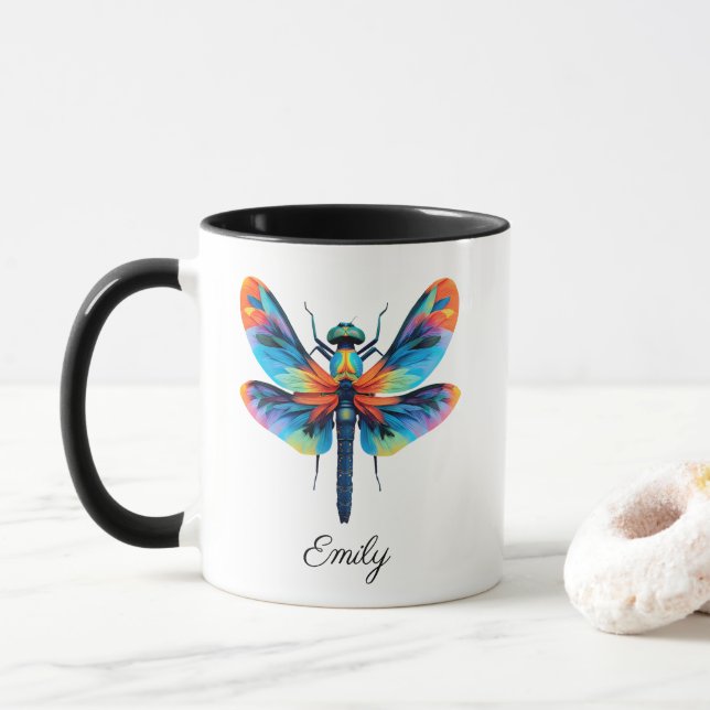 Caneca Libélula Arco-íris Nome Personalizado  (Com Donut)