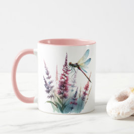 Caneca Libélula Flor Silvestre Aquarela Estética Rosa