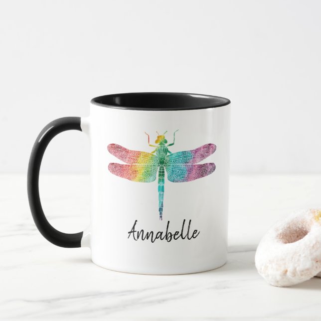 Caneca Libélula lindo da aguarela do arco-íris (Com Donut)