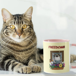 Caneca Libertad Fuga Gato Engraçado Amarelo Floral Janela