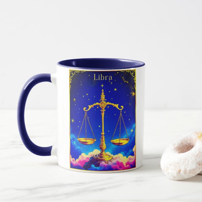 Caneca Libra Zodiac Scales in a Star-Filled Sky (Com Donut)