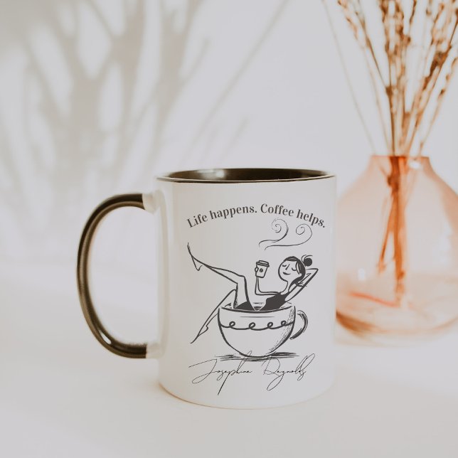 Caneca Life Happens. Coffee Helps. Minimalist Monogram (Criador carregado)