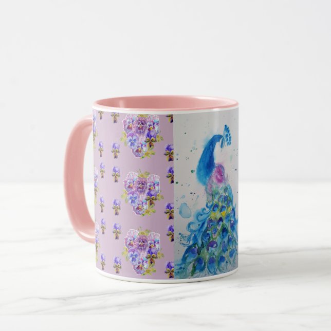 Caneca Lilac Blue Peacock Mauve Watercolor Pintage Mug (Frente Esquerda)