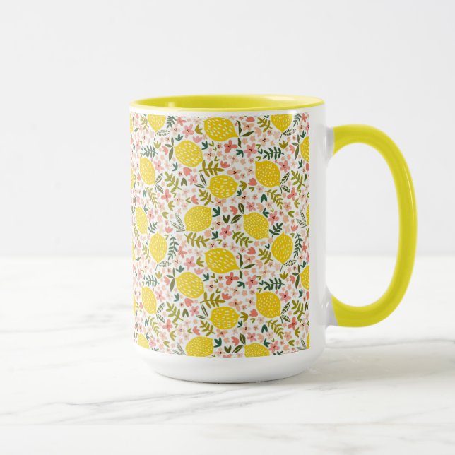 Caneca Limões Amarelos Modernos com Floral Rosa (Direita)