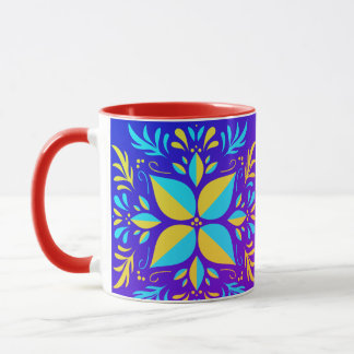Caneca Linda arte floral em cores amarelas e azuis